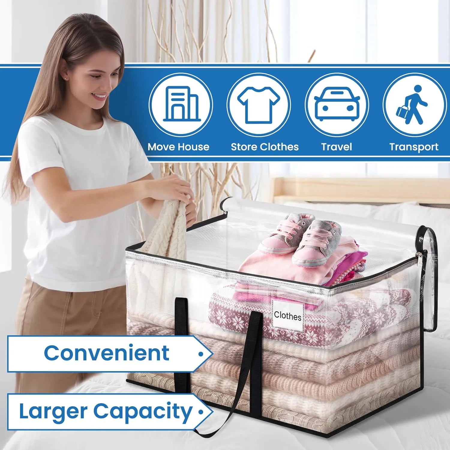 Clear Moving Bags Heavy Duty Extra Large, Moving Supplies with Reinforced Handle and Double Zipper, Storage Bags for Moving Essential, Packing Bags Alternative to Moving Box(6 Packs, Clear)