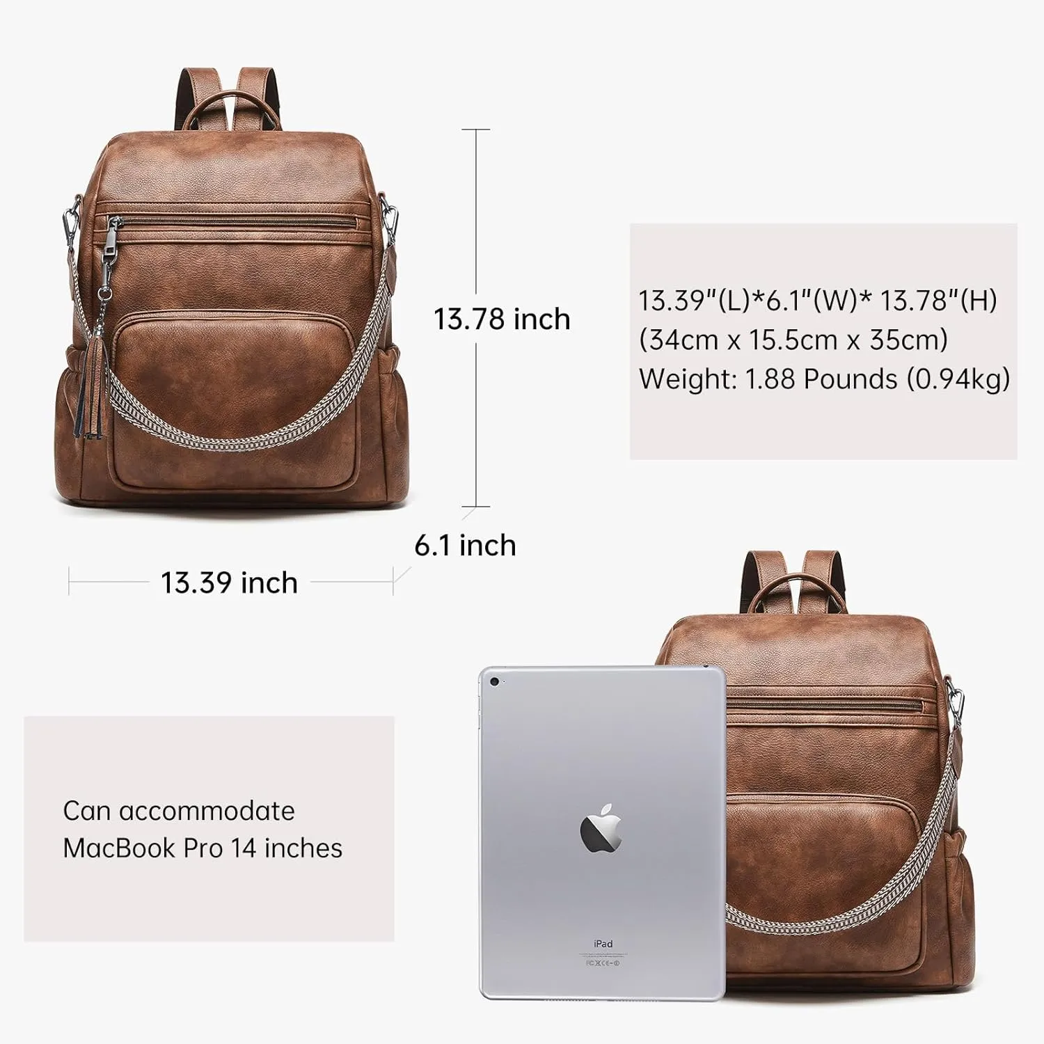 Cnoles Backpack Purse for Women Vegan Leather Ladies Large Travel Backpack Fashion Casual College Shoulder Bag Brown