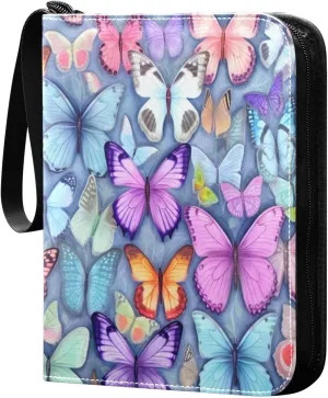 Colorful Butterflies Card Binder 4-Pocket Leather Cover 400 Pockets Card Album Holder Removable Display Storage for Trading Cards, Game Cards, Collectibles