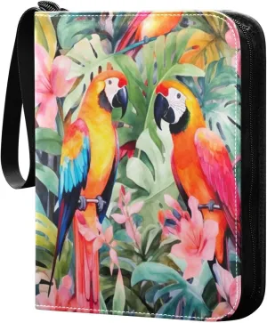 Colorful Parrot Birds Card Binder 4-Pocket Leather Cover 400 Pockets Card Album Holder Removable Display Storage for Trading Cards, Game Cards, Collectibles