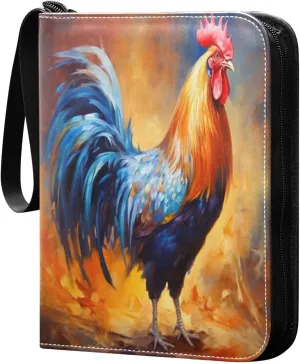 Colorful Rooster Card Binder 4-Pocket Leather Cover 400 Pockets Card Album Holder Removable Display Storage for Trading Cards, Game Cards, Collectibles