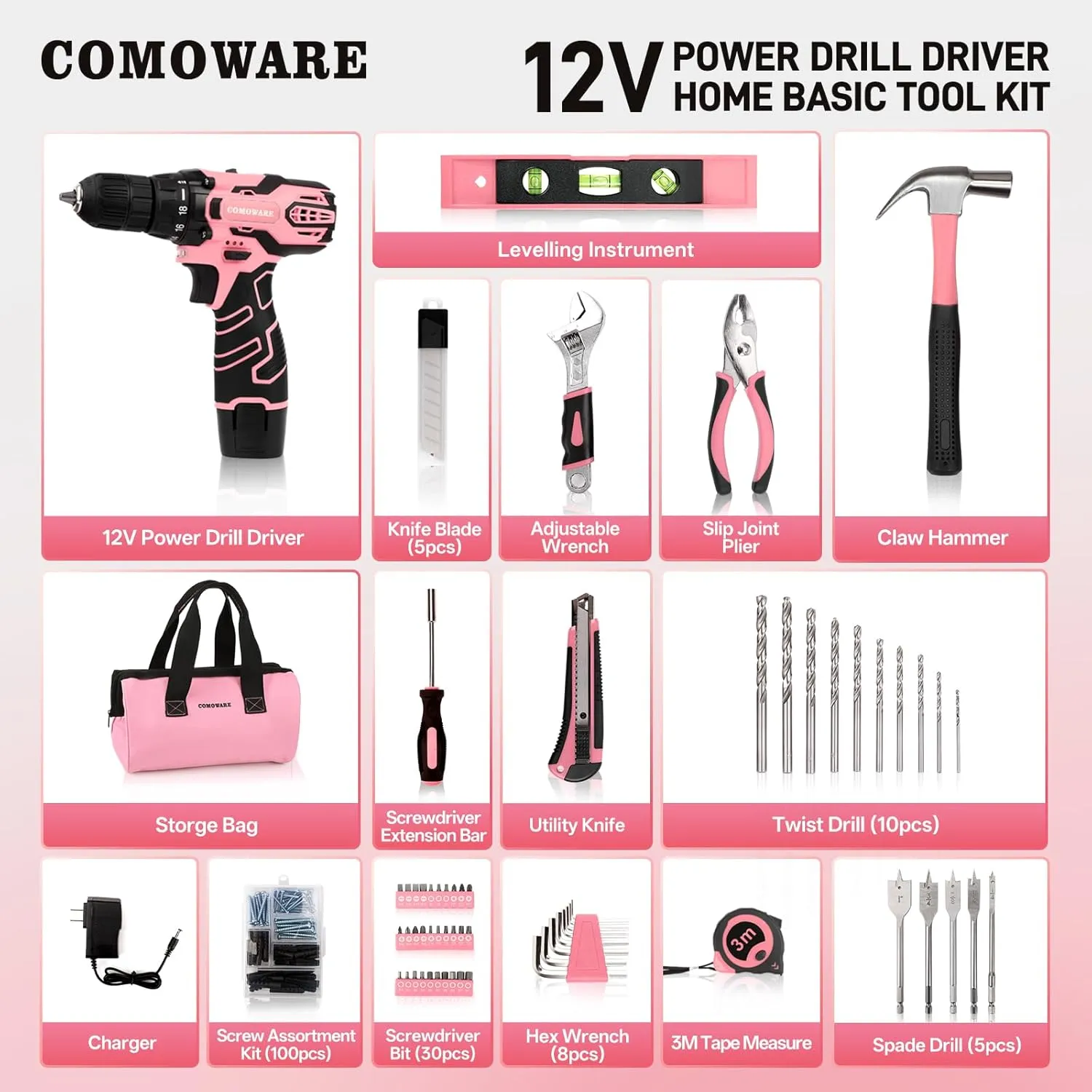COMOWARE 12V Pink Cordless Drill Home Tool Kit, Pink Drill Set for Women, Lady's Home Repairing Tool Kit Hand Tool Set for DIY Large-Capacity Tool Storage Bag Included