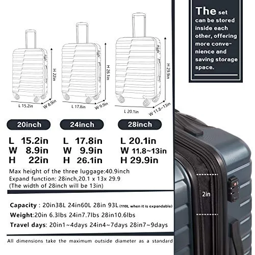 COOLIFE 3 Piece Expandable Luggage Set With TSA Lock - Purple