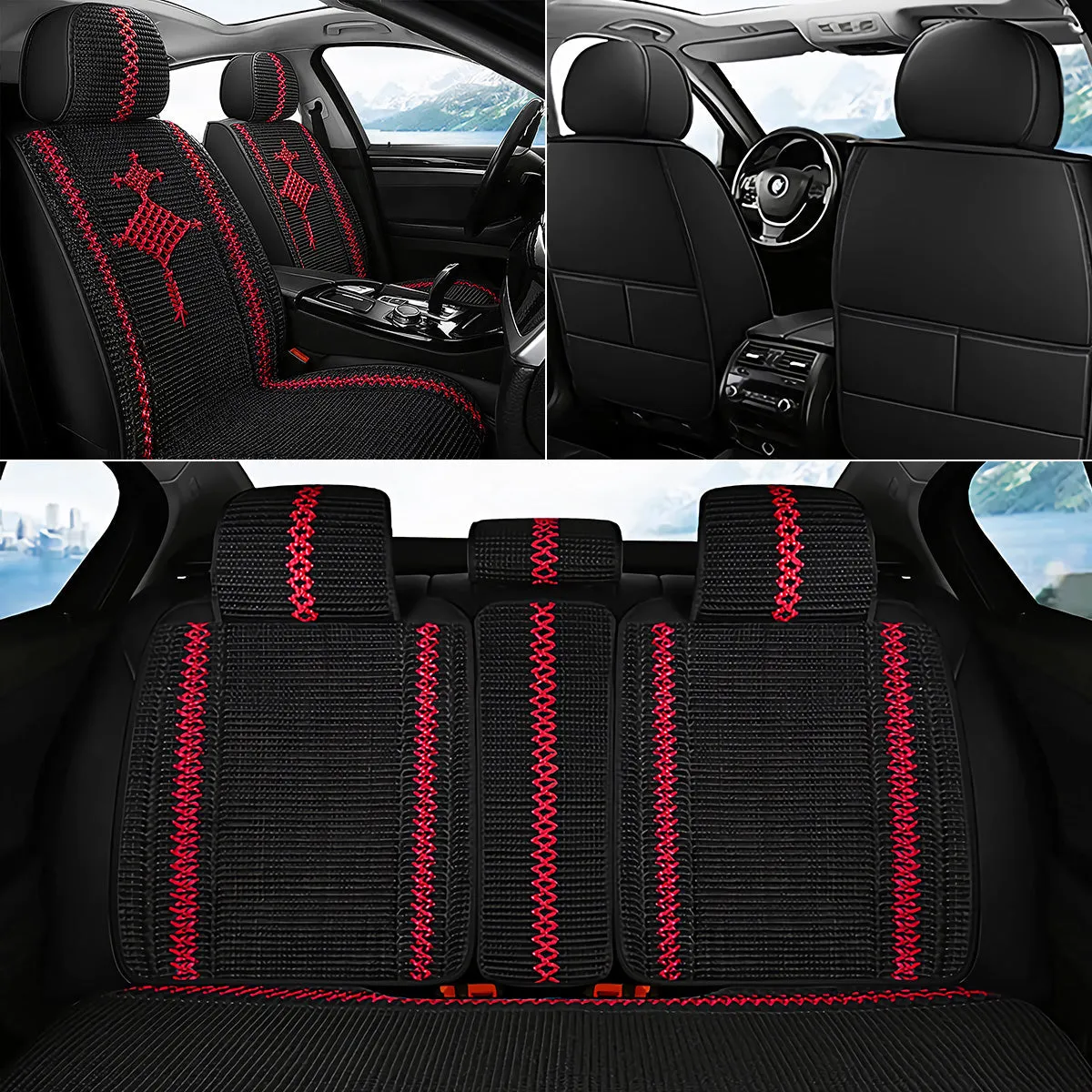 Cooling Fabric Basketweave Pattern Car Seat Covers for 5 Seat Sedan SUV Universal Fit Summer Use Cushion Cover