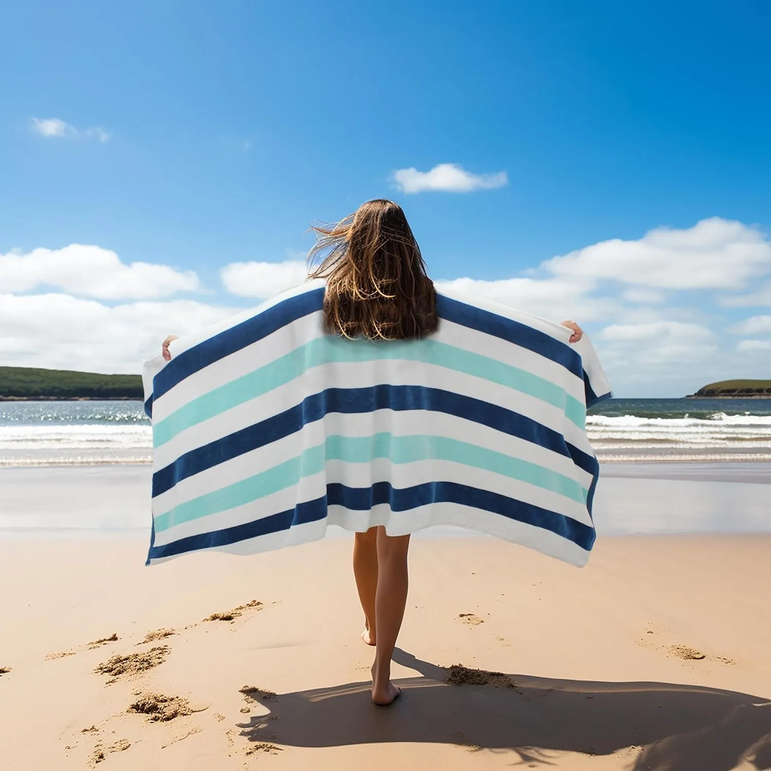 COTTON CRAFT Oversized XL Beach Towel - 2 Pack 39 x 68 inches Big & Huge Beach Blanket Towel - 100% Cotton Velour Thick Plush 450 GSM Super Soft Luxury - Pool Picnic Bath Towel - Cabana Stripe Blue