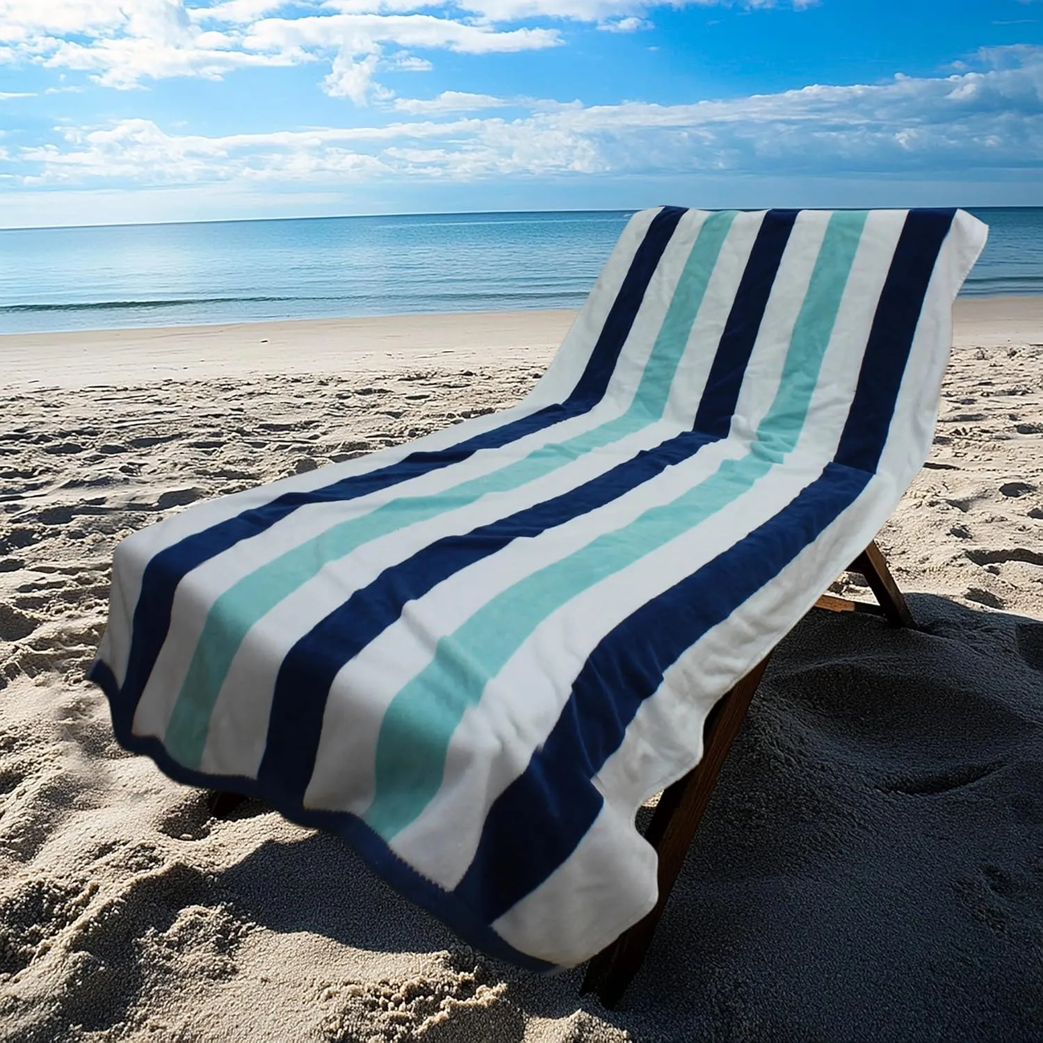 COTTON CRAFT Oversized XL Beach Towel - 2 Pack 39 x 68 inches Big & Huge Beach Blanket Towel - 100% Cotton Velour Thick Plush 450 GSM Super Soft Luxury - Pool Picnic Bath Towel - Cabana Stripe Blue