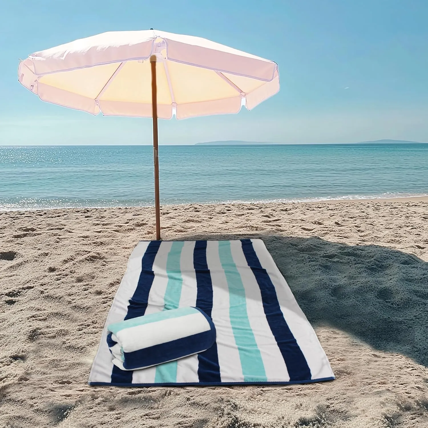 COTTON CRAFT Oversized XL Beach Towel - 2 Pack 39 x 68 inches Big & Huge Beach Blanket Towel - 100% Cotton Velour Thick Plush 450 GSM Super Soft Luxury - Pool Picnic Bath Towel - Cabana Stripe Blue