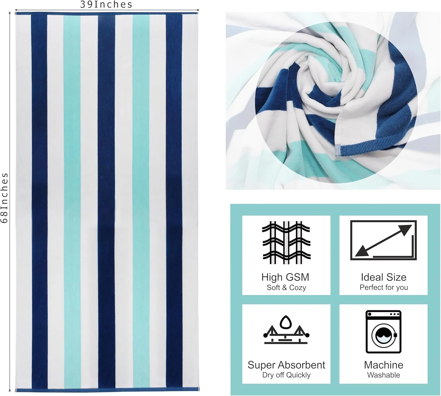 COTTON CRAFT Oversized XL Beach Towel - 2 Pack 39 x 68 inches Big & Huge Beach Blanket Towel - 100% Cotton Velour Thick Plush 450 GSM Super Soft Luxury - Pool Picnic Bath Towel - Cabana Stripe Blue
