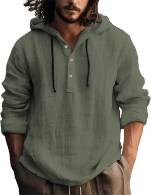 Cotton Hoodie Men Long Sleeve Summer Button Up Hooded Beach Fashion V Neck Dry Fit Tops Oversized Stylish Holiday Shirts