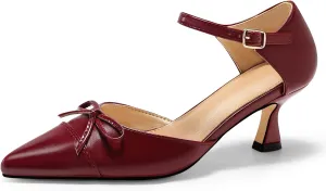 Coutgo Womens Bow Kitten Heels Low Heel Dress Shoes Closed Pointed Toe Ankle Strap D'Orsay Pumps