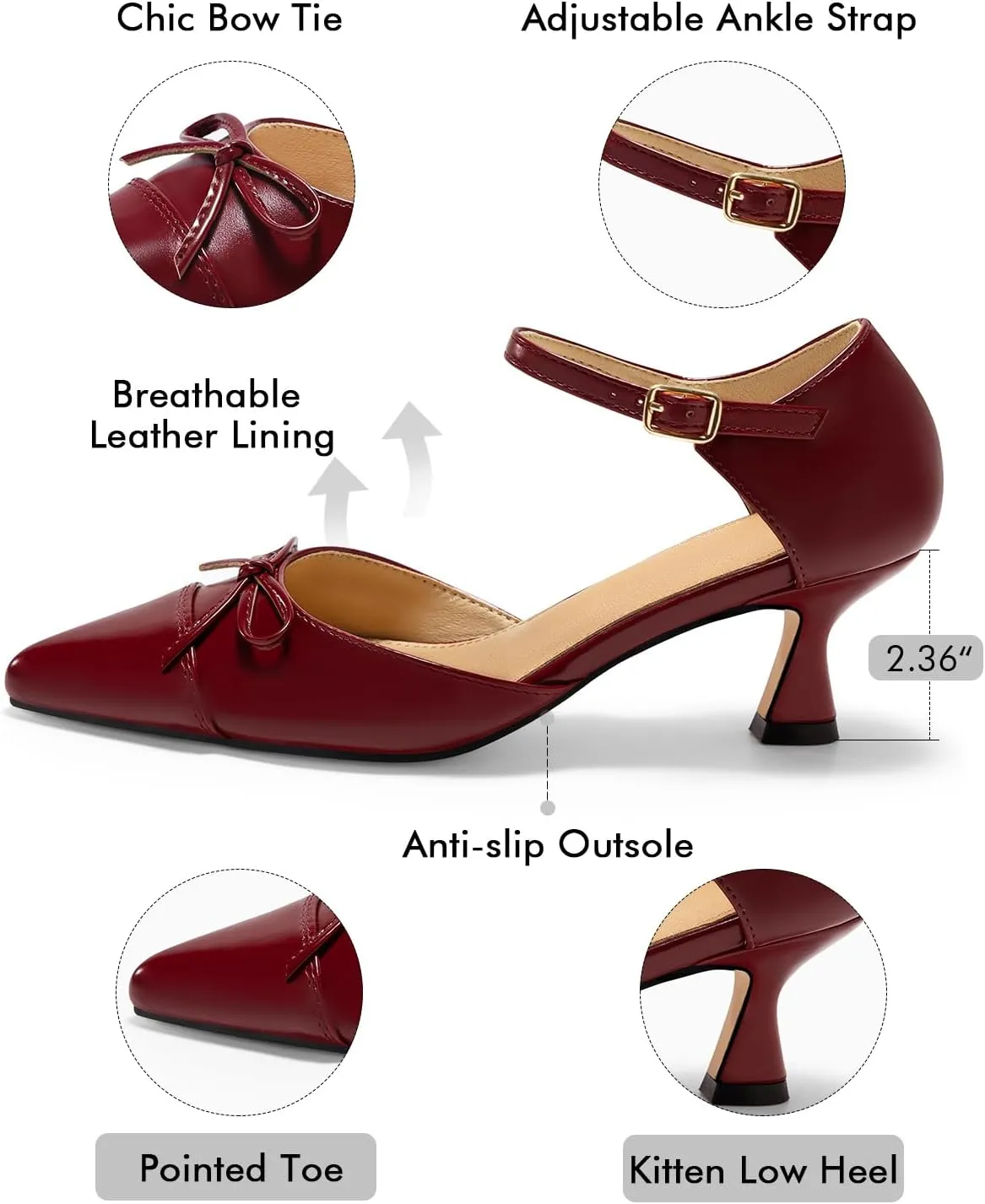 Coutgo Womens Bow Kitten Heels Low Heel Dress Shoes Closed Pointed Toe Ankle Strap D'Orsay Pumps