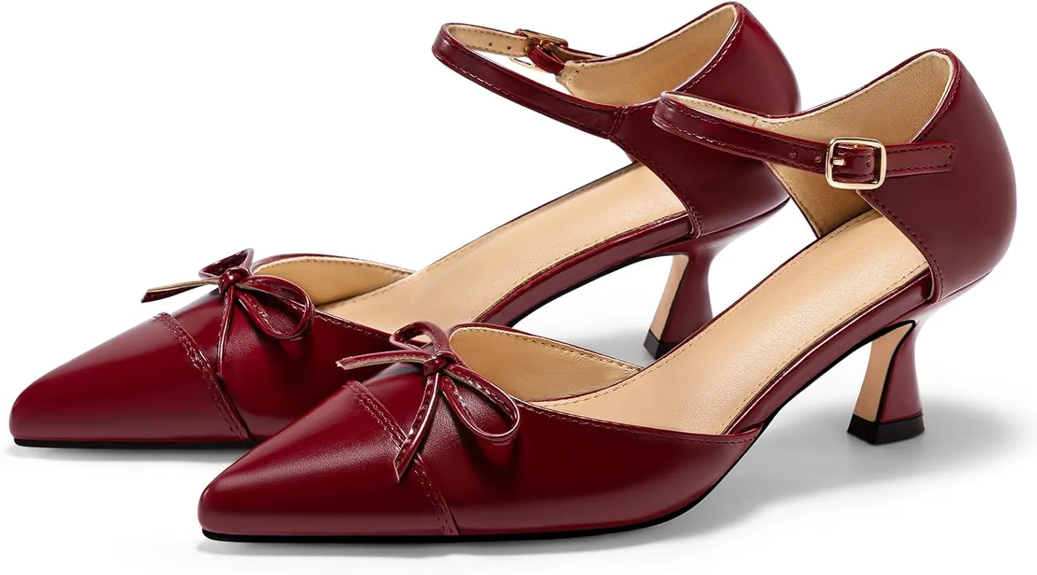 Coutgo Womens Bow Kitten Heels Low Heel Dress Shoes Closed Pointed Toe Ankle Strap D'Orsay Pumps
