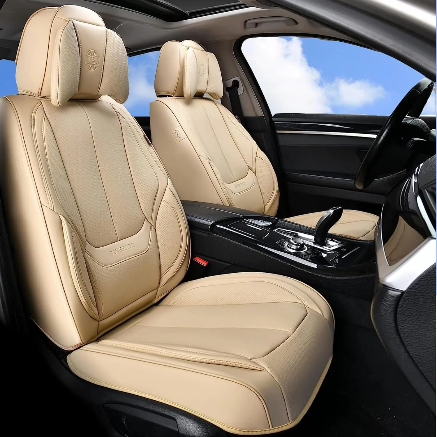 Coverado Universal Seat Covers Full Set, 5 Seats Universal Seat Covers for Cars, Waterproof NAPPA Leather Car Seat Covers with Head Pillow, Auto Protectors Fit for Most Sedans SUV Pick-up Truck, Beige