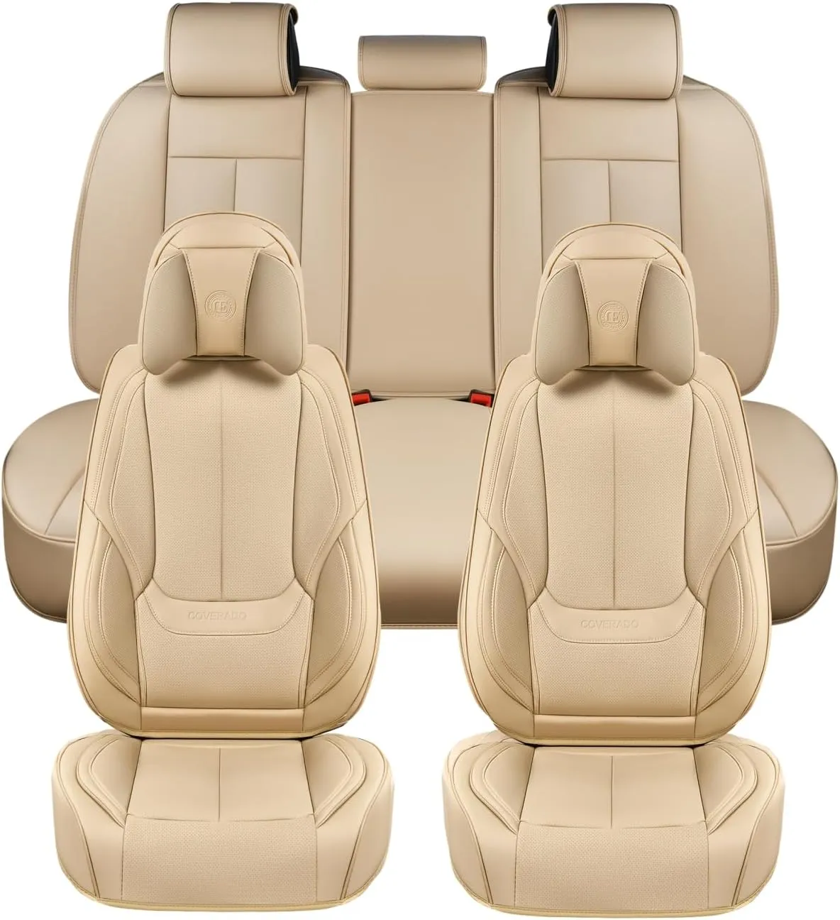 Coverado Universal Seat Covers Full Set, 5 Seats Universal Seat Covers for Cars, Waterproof NAPPA Leather Car Seat Covers with Head Pillow, Auto Protectors Fit for Most Sedans SUV Pick-up Truck, Beige