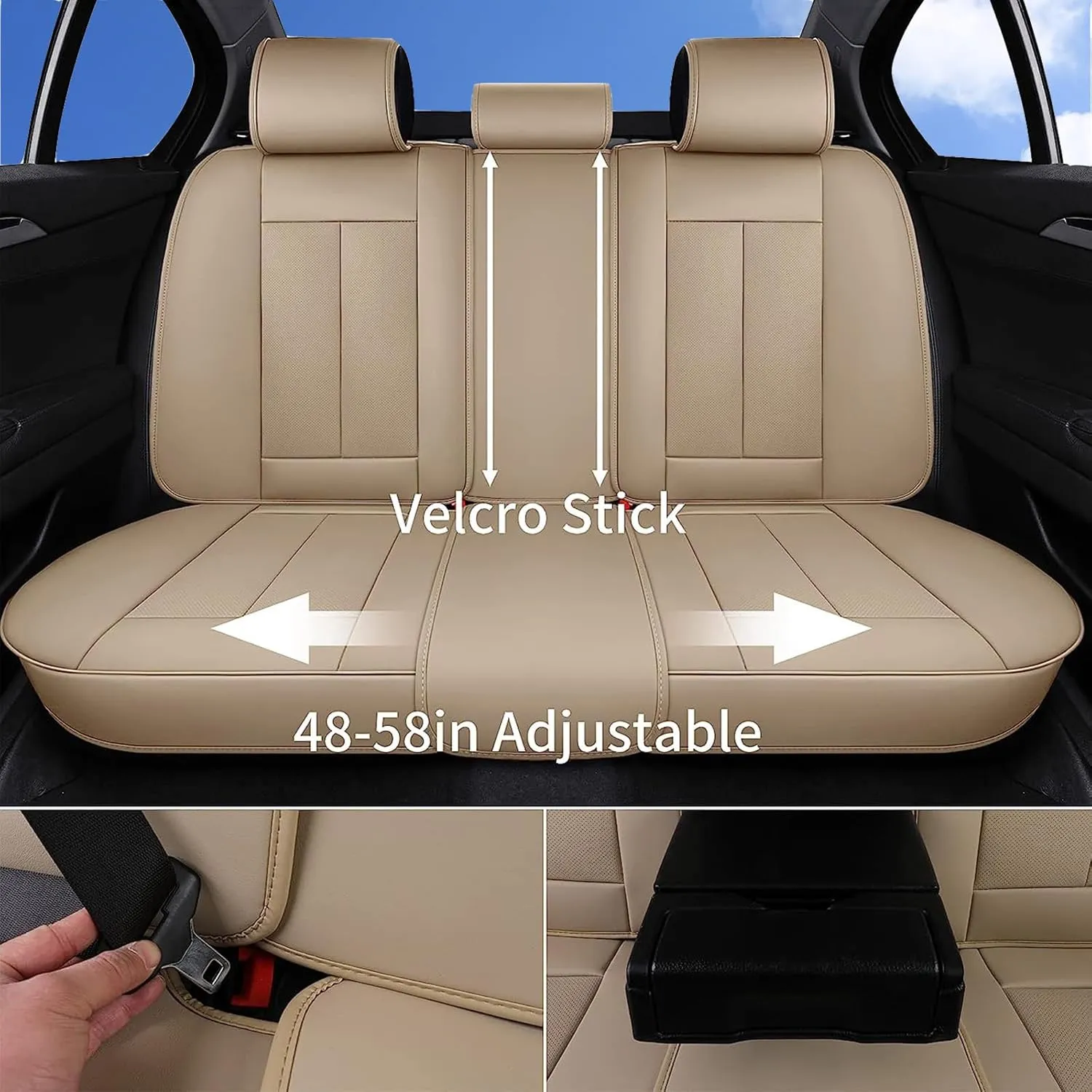 Coverado Universal Seat Covers Full Set, 5 Seats Universal Seat Covers for Cars, Waterproof NAPPA Leather Car Seat Covers with Head Pillow, Auto Protectors Fit for Most Sedans SUV Pick-up Truck, Beige