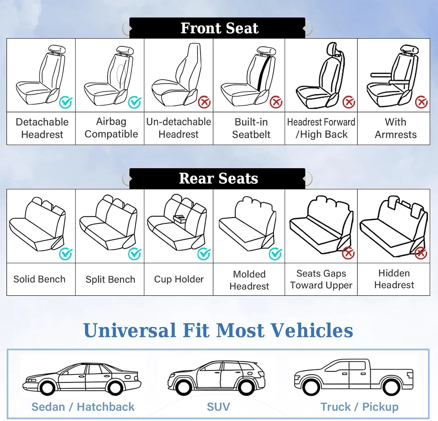 Coverado Universal Seat Covers Full Set, 5 Seats Universal Seat Covers for Cars, Waterproof NAPPA Leather Car Seat Covers with Head Pillow, Auto Protectors Fit for Most Sedans SUV Pick-up Truck, Beige