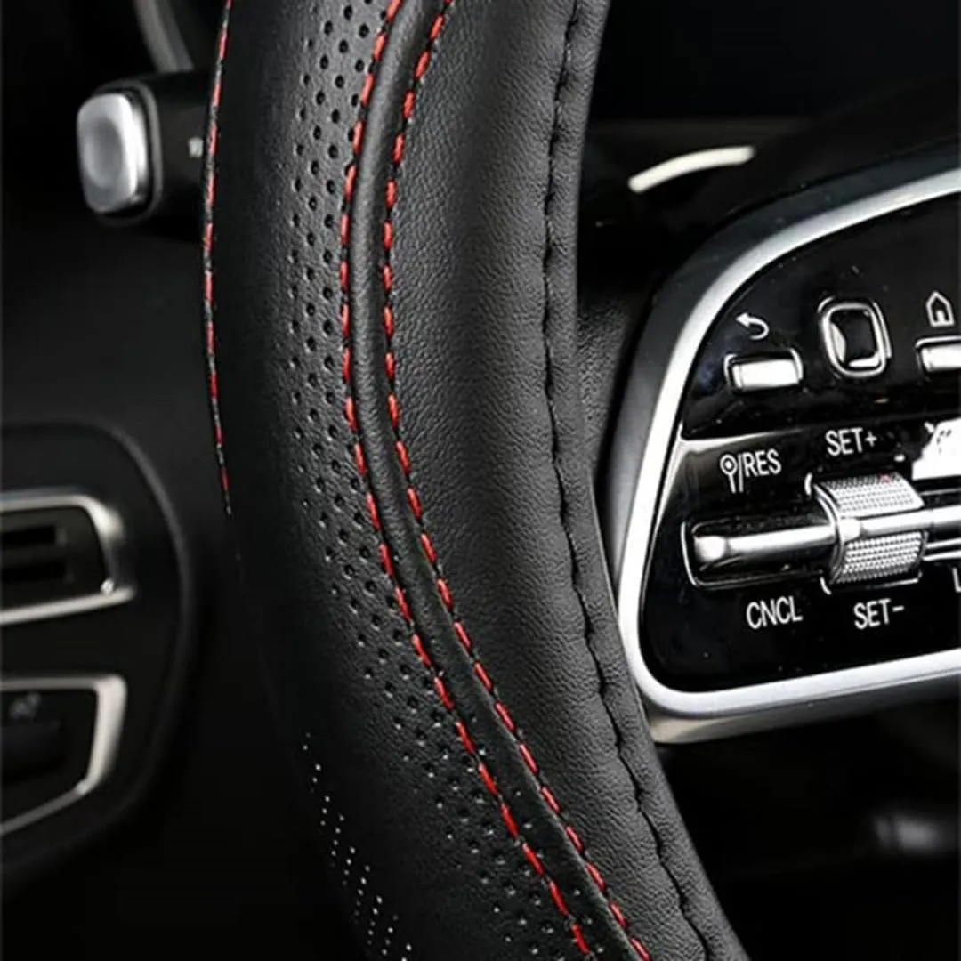 Cowhide Steering Wheel Cover Heat Resistant Anti-Slip Car Wheel Wrap Compatible with Most Makes and Models of Cars and Trucks with 14.5 to 15 Inch Steering Wheel(Black)