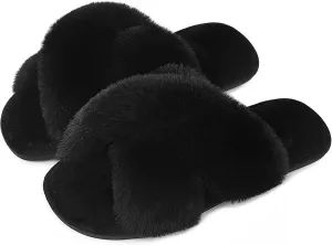 Cozyfurry Womens Cross Band Slippers Cozy Furry Fuzzy House Slippers Open Toe Fluffy Indoor Shoes Outdoor Slip on Warm Breathable Anti-skid Sole