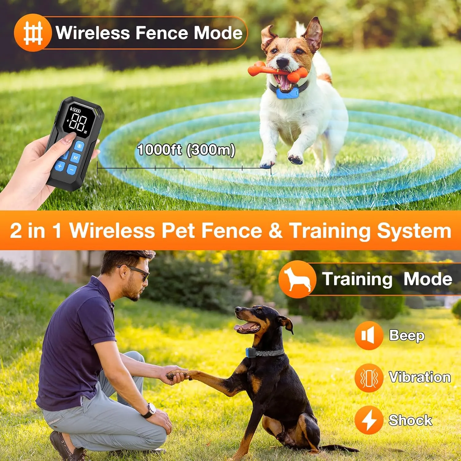 CPPSLEE Wireless Dog Fence System, 2 in 1 Electric Fence for Dogs with Training Collar Adjustable Range UP to 1000ft