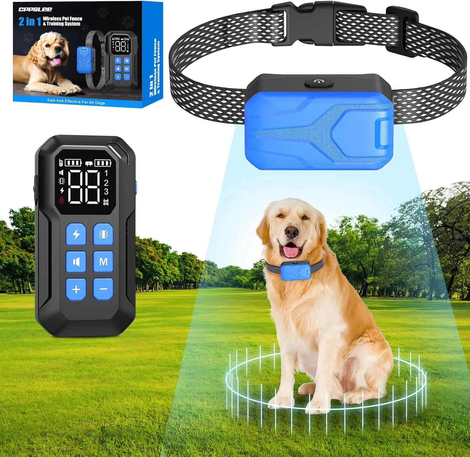 CPPSLEE Wireless Dog Fence System, 2 in 1 Electric Fence for Dogs with Training Collar Adjustable Range UP to 1000ft