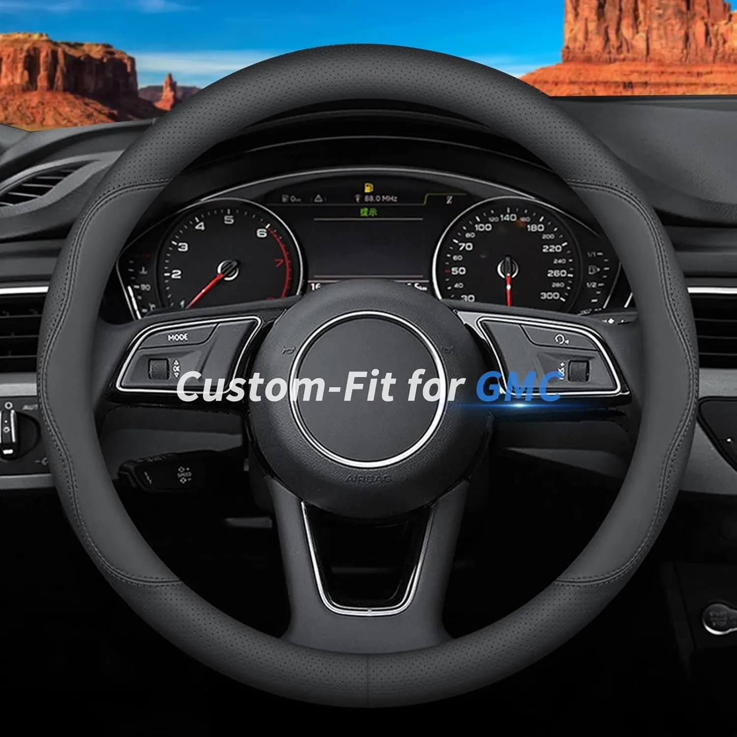 Custom-Fit for GMC Steering Wheel Cover, Premium Leather Car Steering Wheel Cover with Logo, Non-Slip, Breathable, for GMC Accessories (B-Style,for GMC)
