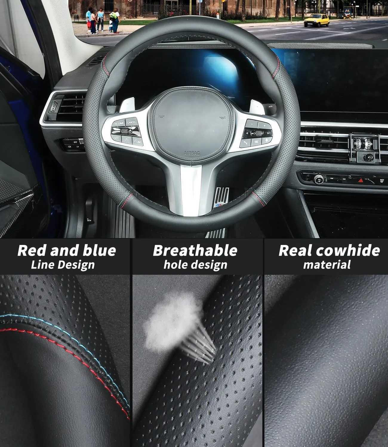 Custom-Fit for Tesla Steering Wheel Cover, Genuine Leather Steering Wheel Cover, Non-Slip, Breathable, for Tesla Accessories (Black (red blue line), for Tesla)