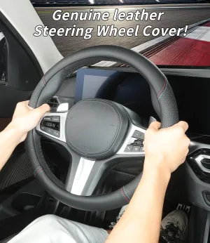 Custom-Fit for Tesla Steering Wheel Cover, Genuine Leather Steering Wheel Cover, Non-Slip, Breathable, for Tesla Accessories (Black (red blue line), for Tesla)