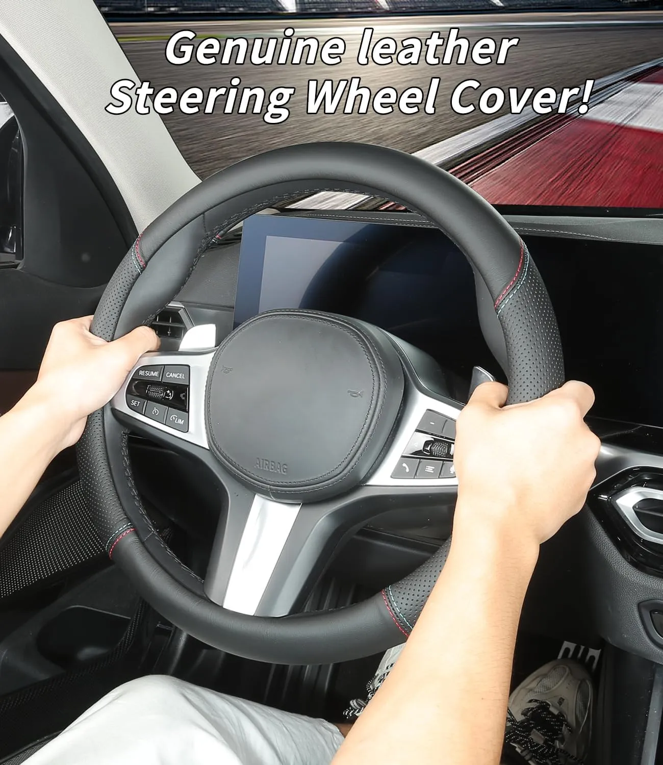Custom-Fit for Tesla Steering Wheel Cover, Genuine Leather Steering Wheel Cover, Non-Slip, Breathable, for Tesla Accessories (Black (red blue line), for Tesla)