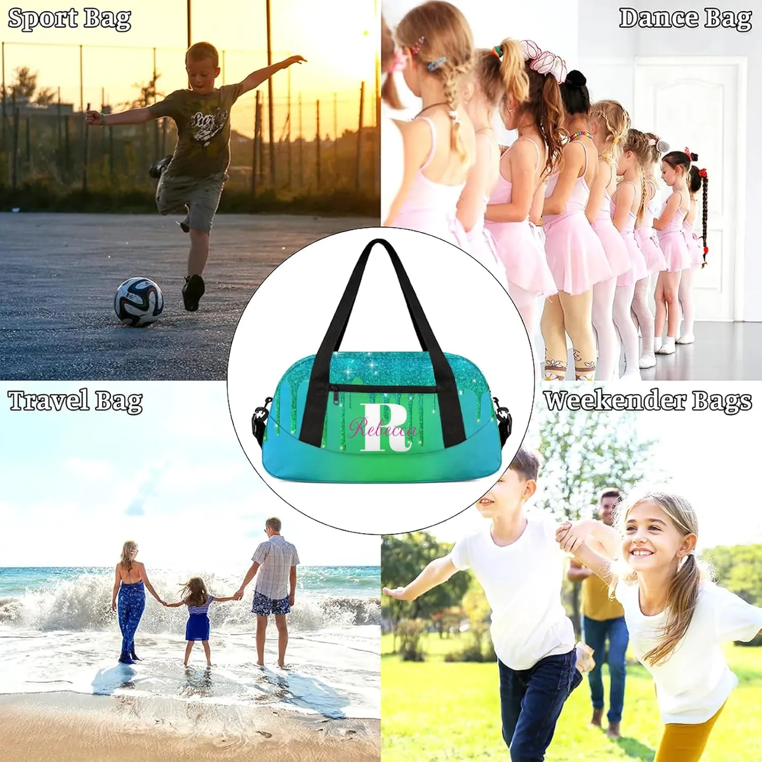 Custom Name Sports Duffel Bag Personalized Dance Gym Bag for Women Men Overnight Weekender Travel Duffel Bags Lightweight 18.5in, Blue Green