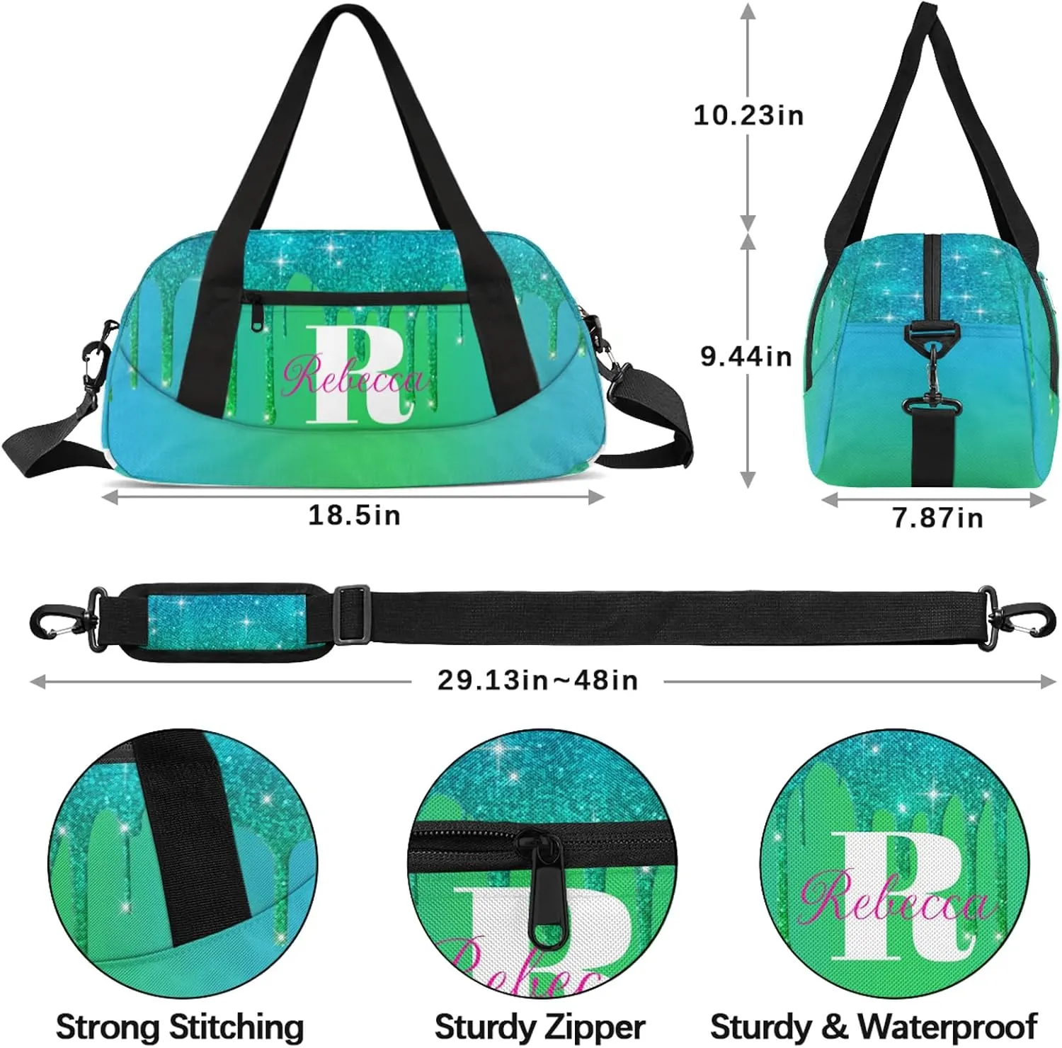 Custom Name Sports Duffel Bag Personalized Dance Gym Bag for Women Men Overnight Weekender Travel Duffel Bags Lightweight 18.5in, Blue Green
