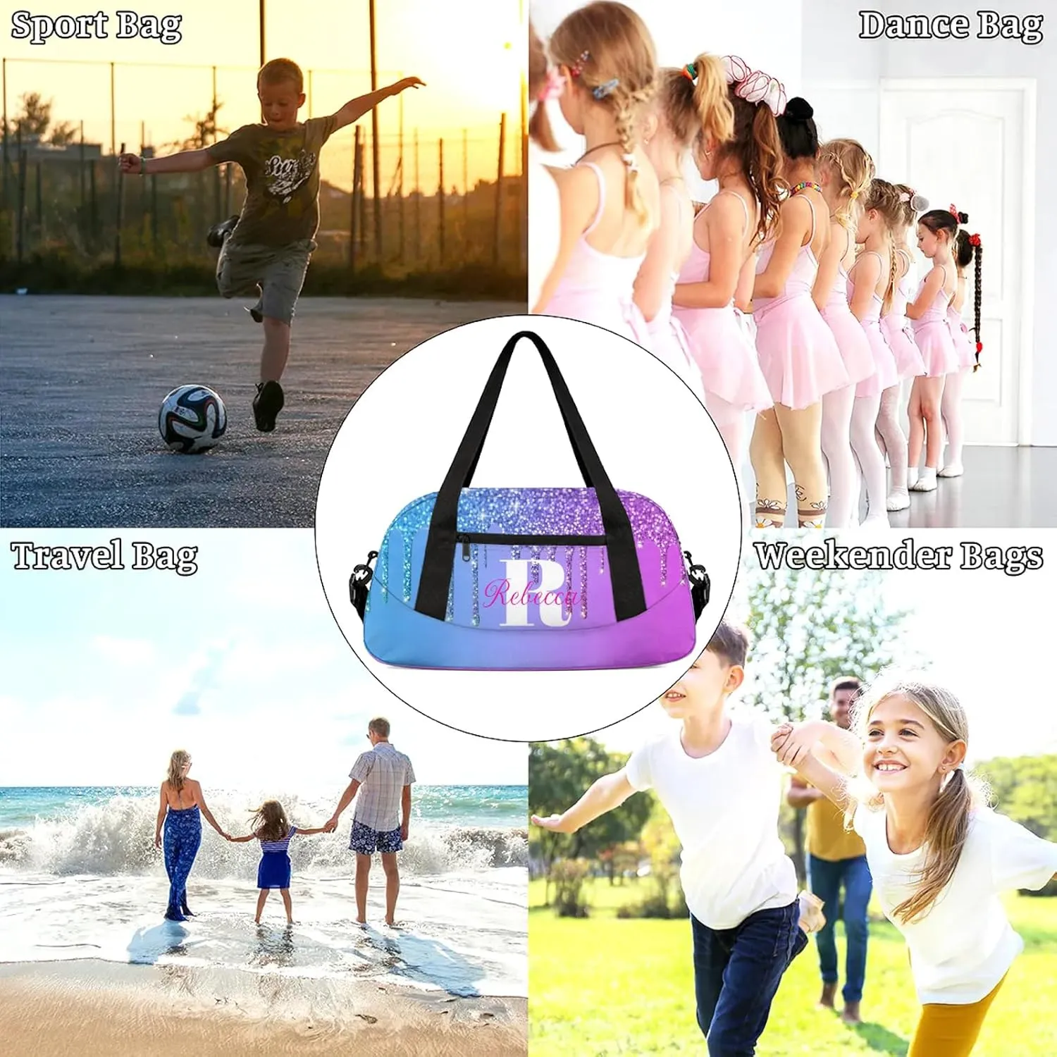 Custom Name Sports Duffel Bag Personalized Dance Gym Bag for Women Men Overnight Weekender Travel Duffel Bags Lightweight 18.5in, Blue Purple