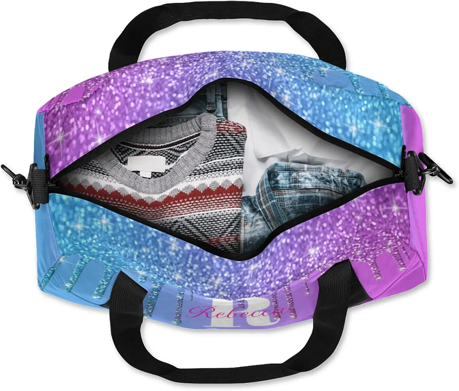 Custom Name Sports Duffel Bag Personalized Dance Gym Bag for Women Men Overnight Weekender Travel Duffel Bags Lightweight 18.5in, Blue Purple