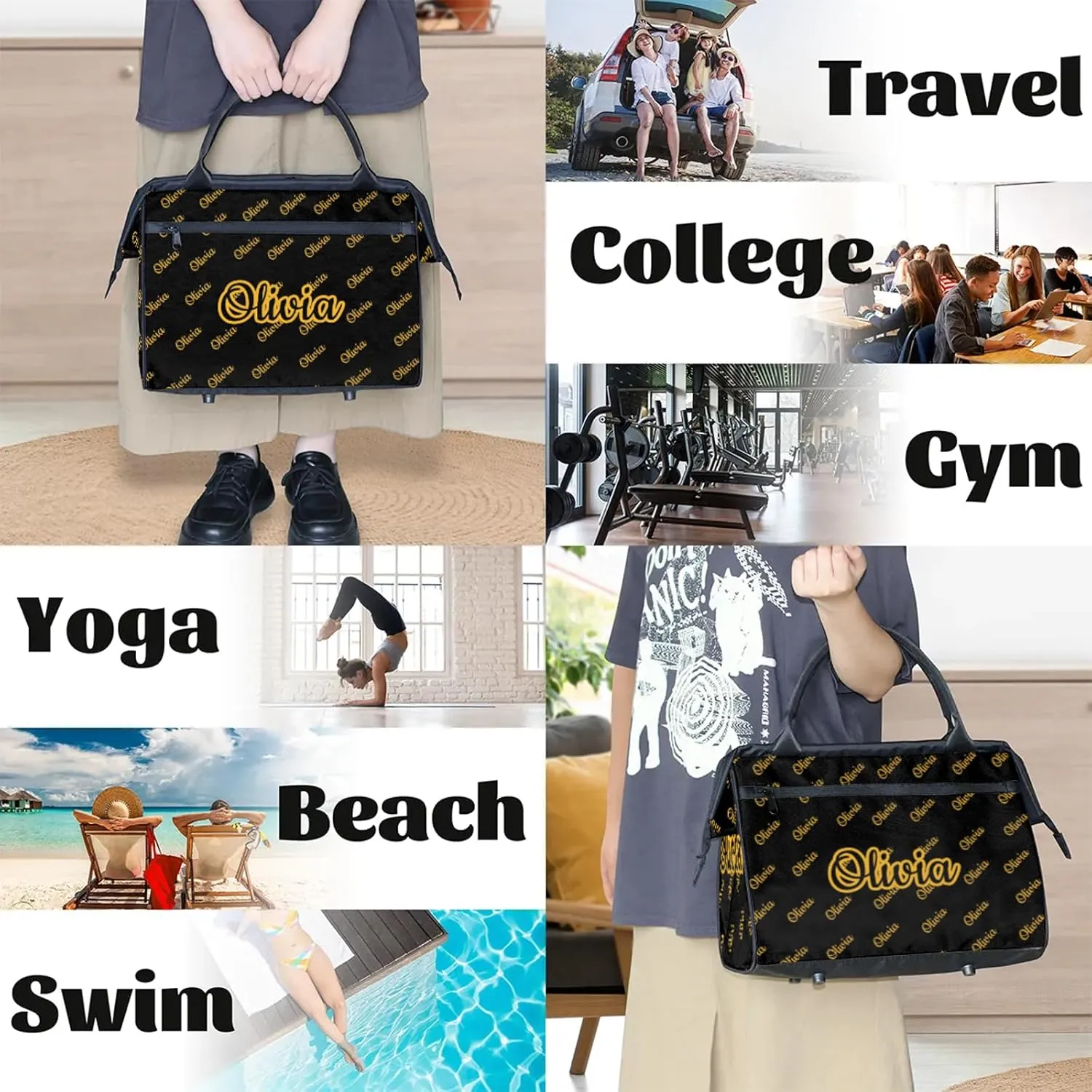 Custom Sport Duffel Bags Personalized Travel Overnight Bag Waterproof Dance Bag Lightweight Carry-On Tote for Women Men 15.2in, Black Yellow