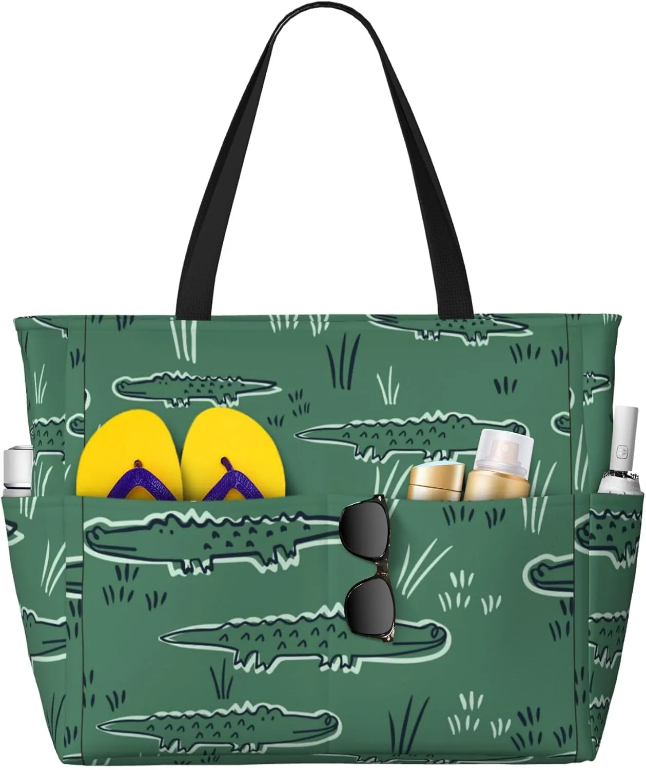 Cute Alligator Crocodile Large Beach Tote Bags for Womens Mens Sandproof Swim Pool Bag with Zipper for Travel Vacation