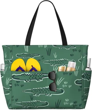 Cute Alligator Crocodile Large Beach Tote Bags for Womens Mens Sandproof Swim Pool Bag with Zipper for Travel Vacation