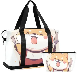 Cute Cartoon Dog Duffel Bag Overnight Carry On Tote and Luggage with Toiletry Bag for Airplane Traveling Large Capacity