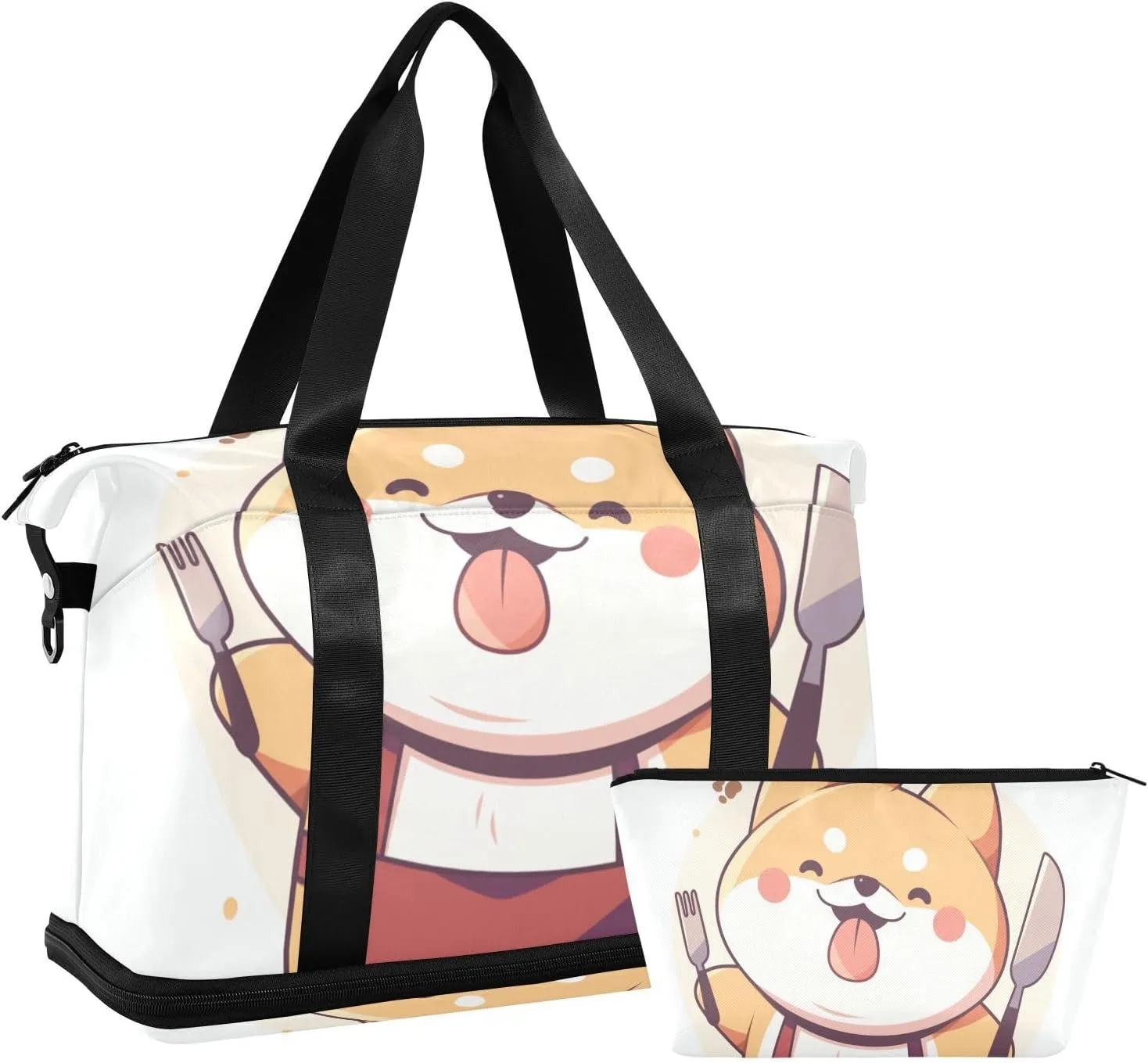 Cute Cartoon Dog Duffel Bag Overnight Carry On Tote and Luggage with Toiletry Bag for Airplane Traveling Large Capacity