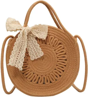 Cute Circle Straw Crossbody Bag Women’s Handwoven Shoulder Bag Satchel Purse with Bow Knot Spring Summer Beach Tote Bag