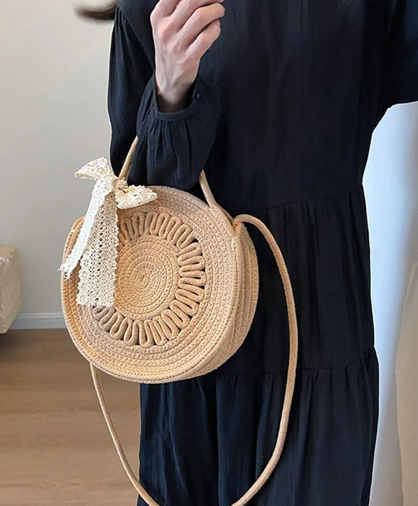 Cute Circle Straw Crossbody Bag Women’s Handwoven Shoulder Bag Satchel Purse with Bow Knot Spring Summer Beach Tote Bag