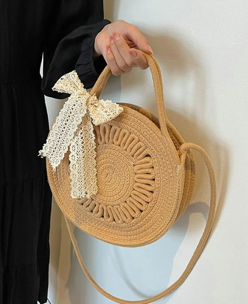 Cute Circle Straw Crossbody Bag Women’s Handwoven Shoulder Bag Satchel Purse with Bow Knot Spring Summer Beach Tote Bag