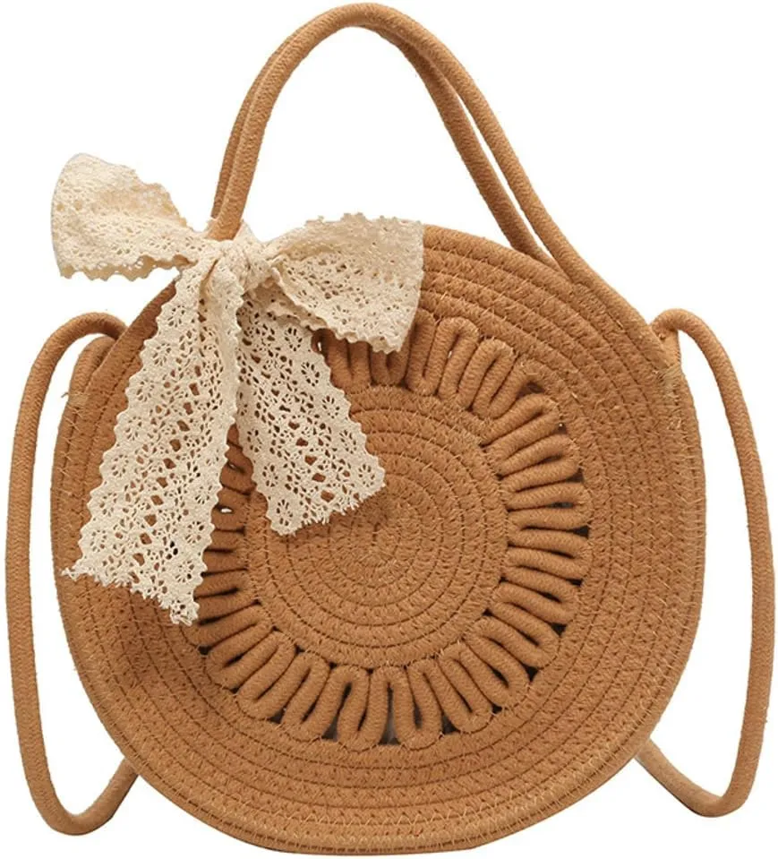 Cute Circle Straw Crossbody Bag Women’s Handwoven Shoulder Bag Satchel Purse with Bow Knot Spring Summer Beach Tote Bag