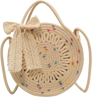 Cute Circle Straw Crossbody Bag Women’s Handwoven Shoulder Bag Satchel Purse with Bow Knot Spring Summer Beach Tote Bag