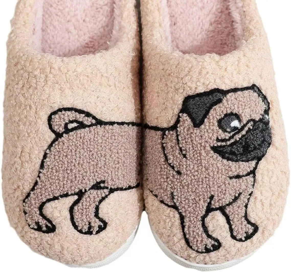 Cute Kawaii Pug Plush Fuzzy Soft Warm Fluffy House Slippers for Women Anti-Slip Rubber Sole Slides