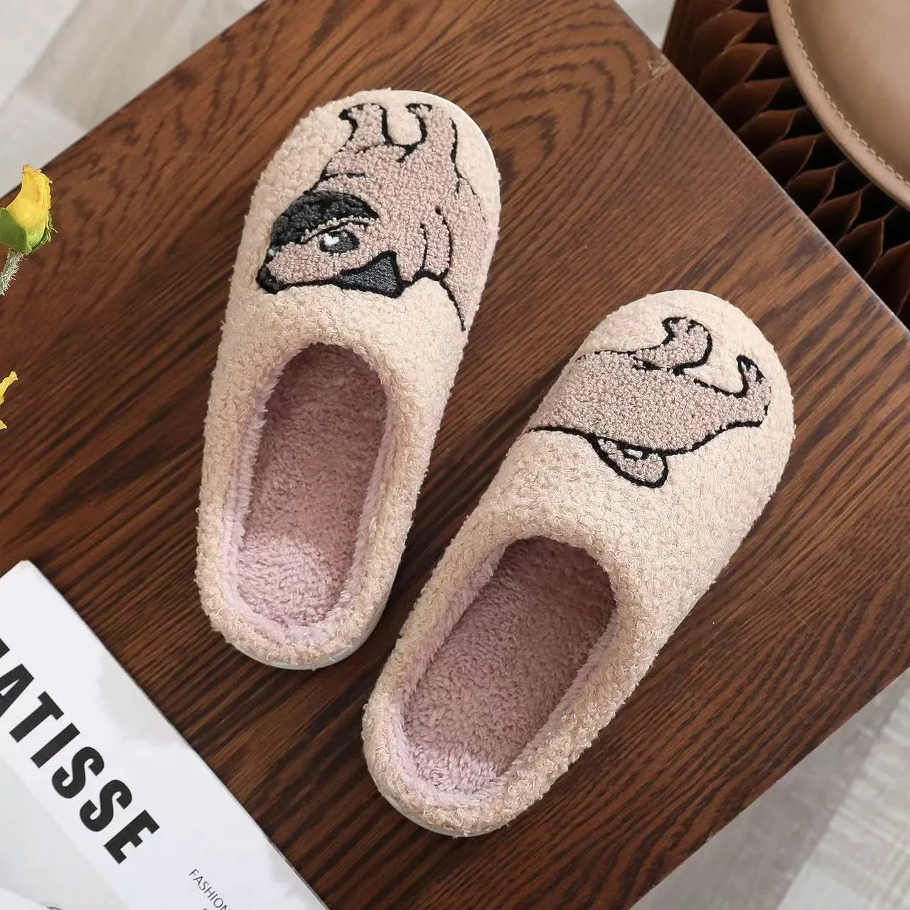 Cute Kawaii Pug Plush Fuzzy Soft Warm Fluffy House Slippers for Women Anti-Slip Rubber Sole Slides