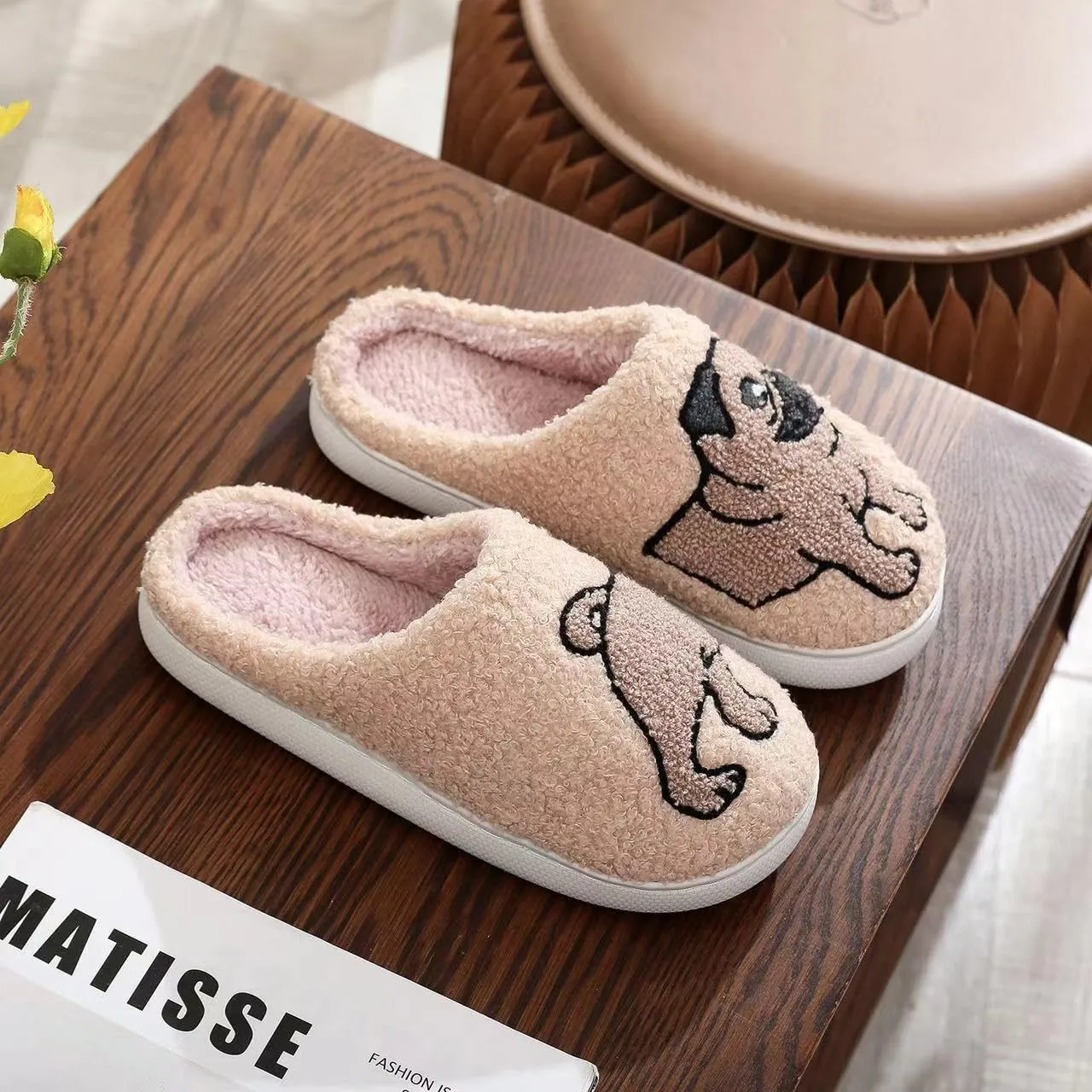 Cute Kawaii Pug Plush Fuzzy Soft Warm Fluffy House Slippers for Women Anti-Slip Rubber Sole Slides