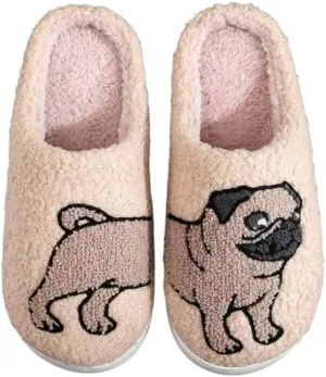 Cute Kawaii Pug Plush Fuzzy Soft Warm Fluffy House Slippers for Women Anti-Slip Rubber Sole Slides