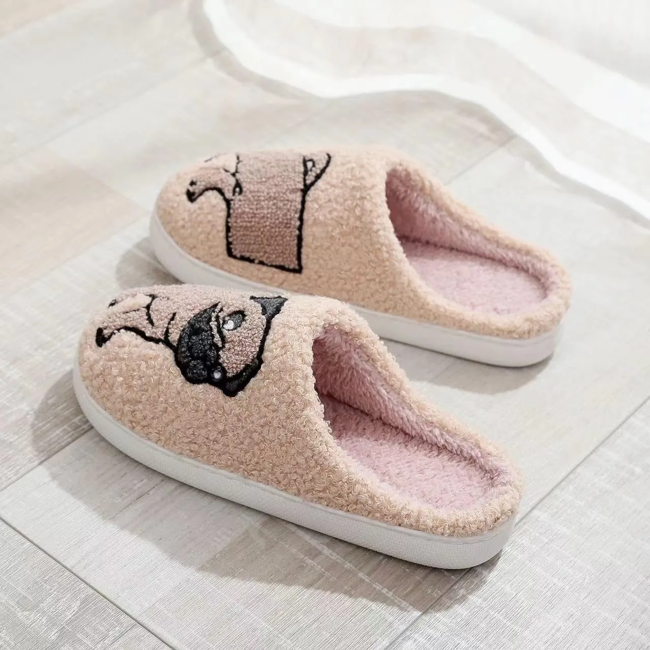 Cute Kawaii Pug Plush Fuzzy Soft Warm Fluffy House Slippers for Women Anti-Slip Rubber Sole Slides