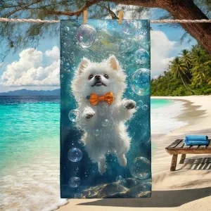 Cute Pomeranian Dog Beach Towel Microfiber Oversized Aqua Bubbles Quick Dry Soft Sand Free Lightweight Bath Blanket, Animal Travel Pool Picnic Essentials 70x35 Inch
