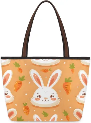 Cute Smiling Bunny Carrot Tote Bag Tote Purse for Women with Zipper Womens Handbags for Work Travel