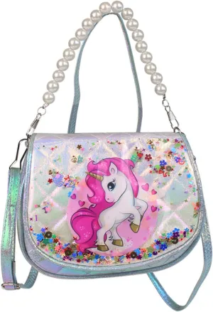 Cute Unicorn Crossbody Bag for Little Girls Glitter Unicorn Purse with Pearl Handle Cartoon Shoulder Bag Messenger Bag